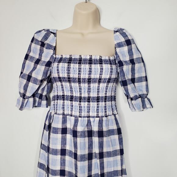Reformation Marabella Linen Puff Sleeve Midi Dress Blue Gingham Check Size Small - Picture 4 of 10
